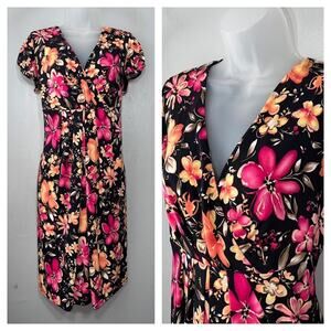 Tiana B Size Large Vibrant Floral Stretch Knit Empire Waist Dress Dark Summer